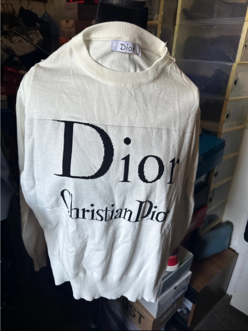 Dior White Cream Logo Knit Sweater with Black Script